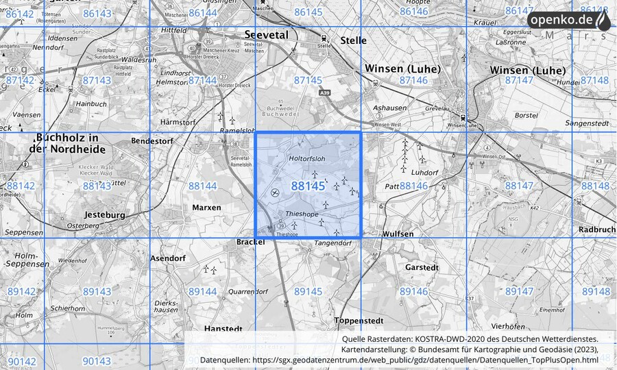 Übersichtskarte des KOSTRA-DWD-2020-Rasterfeldes Nr. 88145