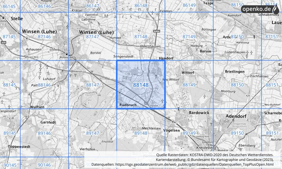 Übersichtskarte des KOSTRA-DWD-2020-Rasterfeldes Nr. 88148