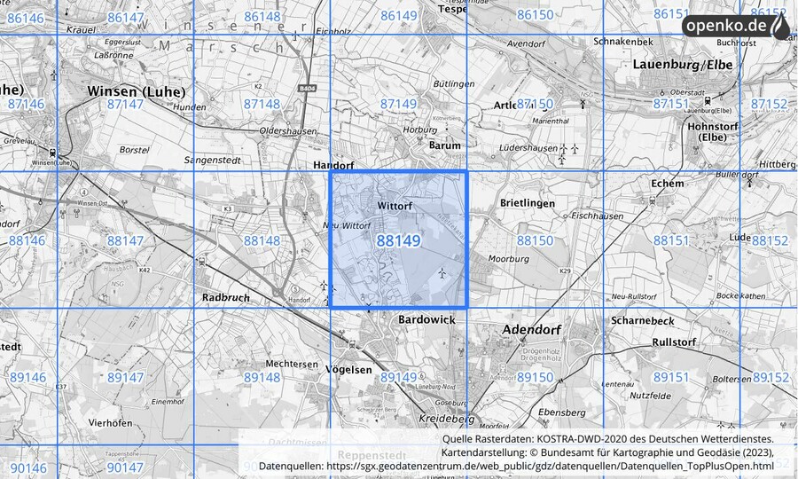 Übersichtskarte des KOSTRA-DWD-2020-Rasterfeldes Nr. 88149