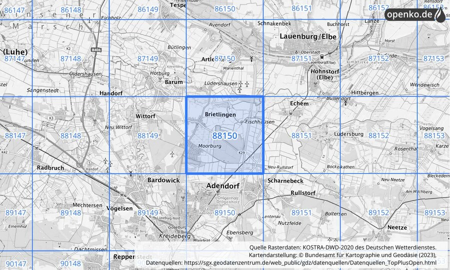 Übersichtskarte des KOSTRA-DWD-2020-Rasterfeldes Nr. 88150