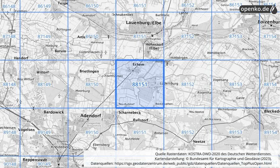 Übersichtskarte des KOSTRA-DWD-2020-Rasterfeldes Nr. 88151