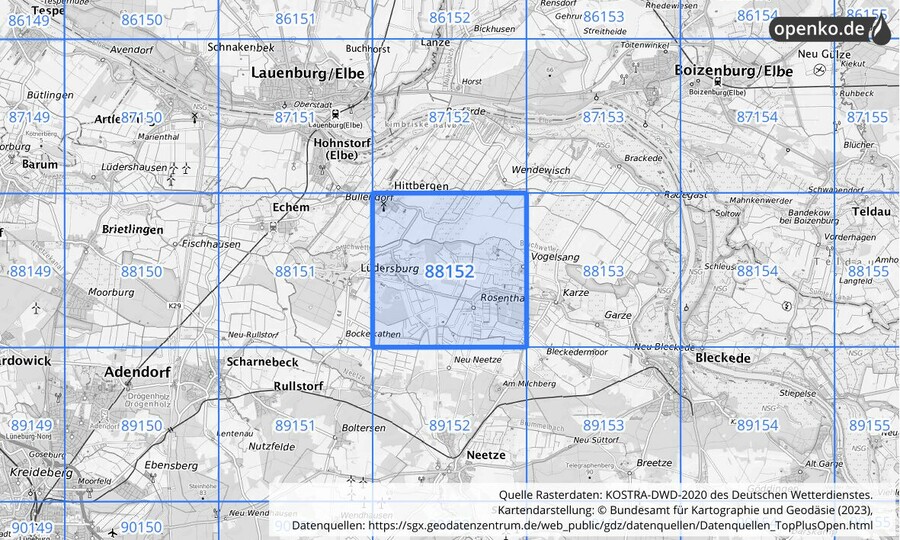 Übersichtskarte des KOSTRA-DWD-2020-Rasterfeldes Nr. 88152