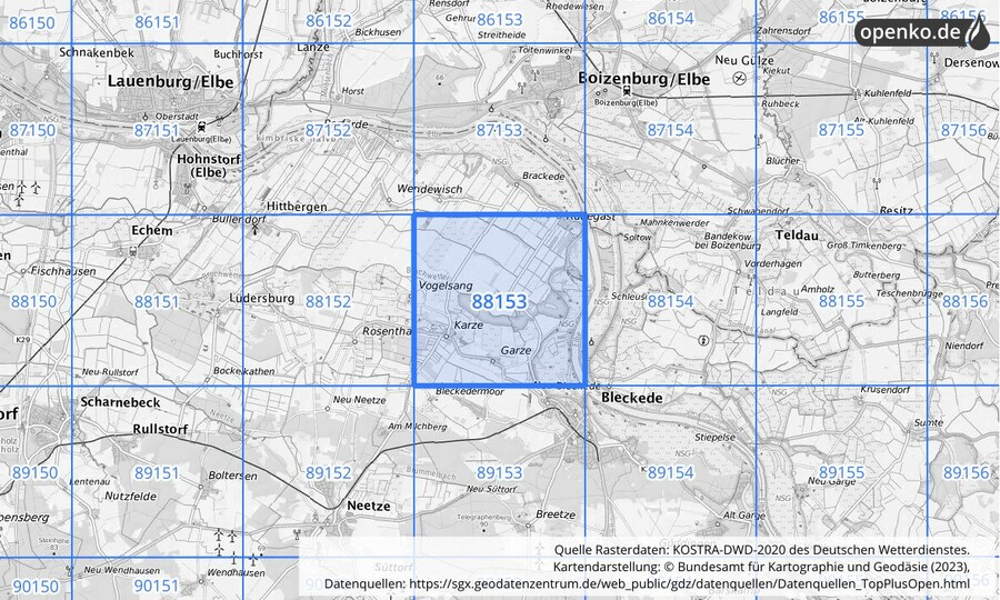 Übersichtskarte des KOSTRA-DWD-2020-Rasterfeldes Nr. 88153