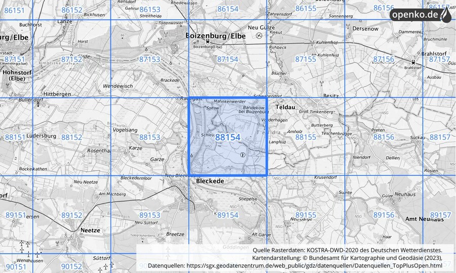 Übersichtskarte des KOSTRA-DWD-2020-Rasterfeldes Nr. 88154