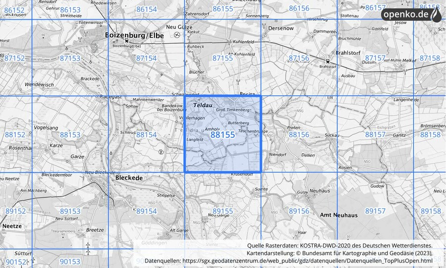 Übersichtskarte des KOSTRA-DWD-2020-Rasterfeldes Nr. 88155