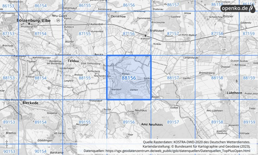 Übersichtskarte des KOSTRA-DWD-2020-Rasterfeldes Nr. 88156