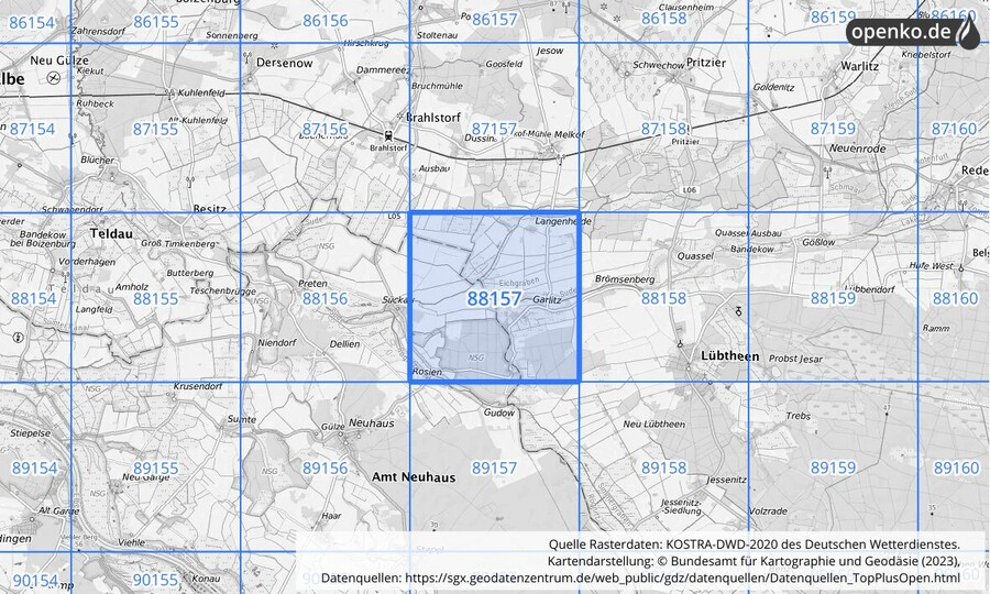 Übersichtskarte des KOSTRA-DWD-2020-Rasterfeldes Nr. 88157