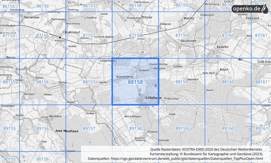Übersichtskarte des KOSTRA-DWD-2020-Rasterfeldes Nr. 88158