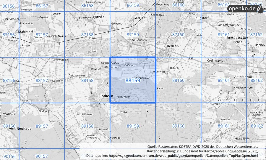 Übersichtskarte des KOSTRA-DWD-2020-Rasterfeldes Nr. 88159