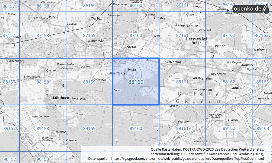 Übersichtskarte des KOSTRA-DWD-2020-Rasterfeldes Nr. 88160