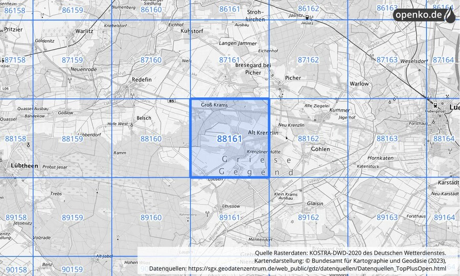 Übersichtskarte des KOSTRA-DWD-2020-Rasterfeldes Nr. 88161