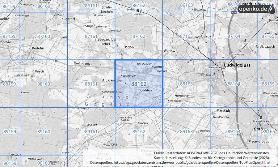 Übersichtskarte des KOSTRA-DWD-2020-Rasterfeldes Nr. 88162