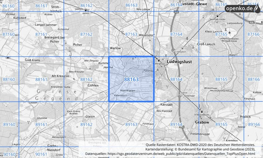 Übersichtskarte des KOSTRA-DWD-2020-Rasterfeldes Nr. 88163