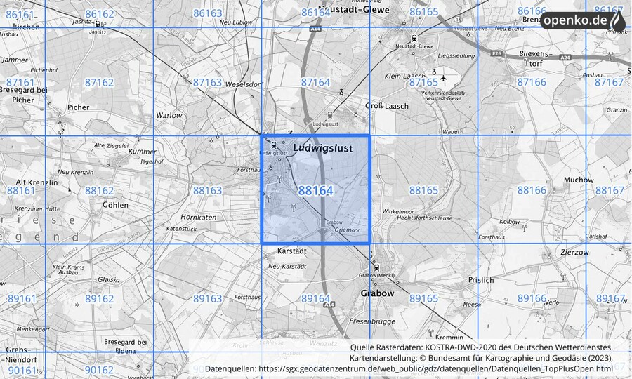 Übersichtskarte des KOSTRA-DWD-2020-Rasterfeldes Nr. 88164