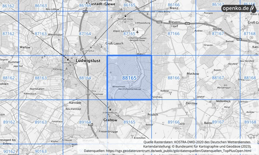 Übersichtskarte des KOSTRA-DWD-2020-Rasterfeldes Nr. 88165