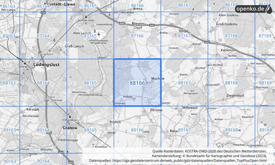 Übersichtskarte des KOSTRA-DWD-2020-Rasterfeldes Nr. 88166