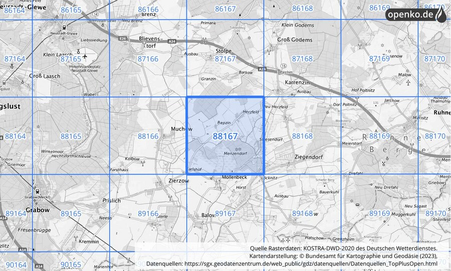 Übersichtskarte des KOSTRA-DWD-2020-Rasterfeldes Nr. 88167