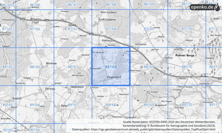 Übersichtskarte des KOSTRA-DWD-2020-Rasterfeldes Nr. 88168