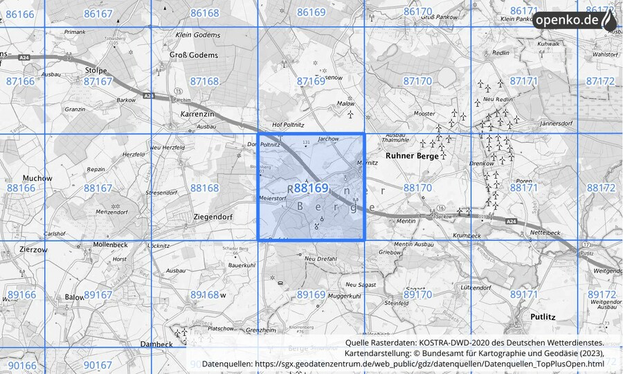 Übersichtskarte des KOSTRA-DWD-2020-Rasterfeldes Nr. 88169
