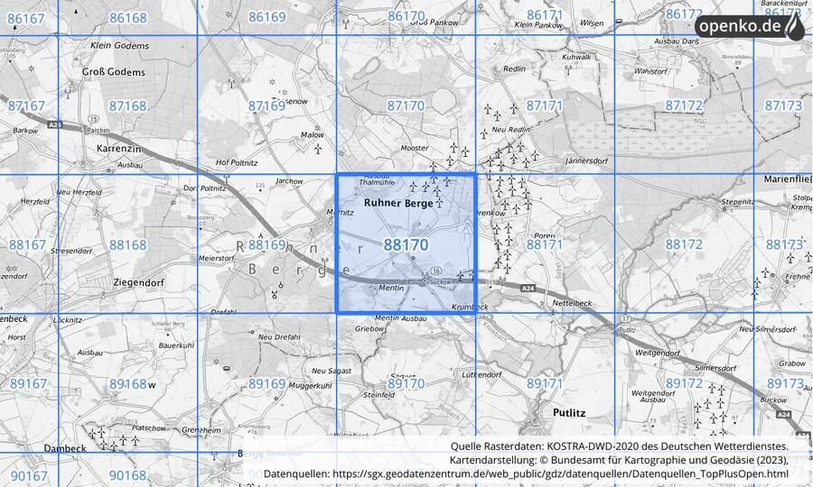 Übersichtskarte des KOSTRA-DWD-2020-Rasterfeldes Nr. 88170