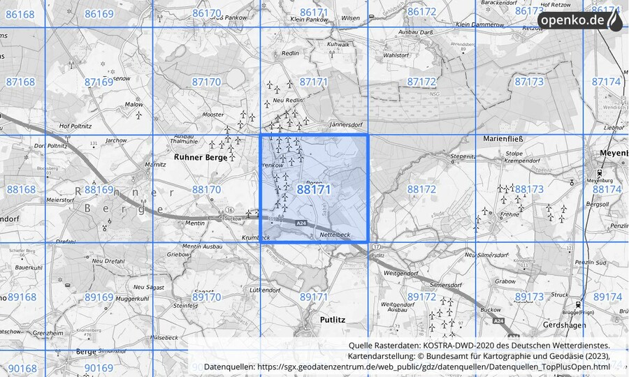 Übersichtskarte des KOSTRA-DWD-2020-Rasterfeldes Nr. 88171