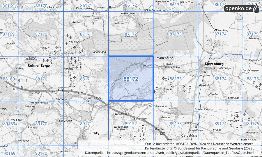 Übersichtskarte des KOSTRA-DWD-2020-Rasterfeldes Nr. 88172