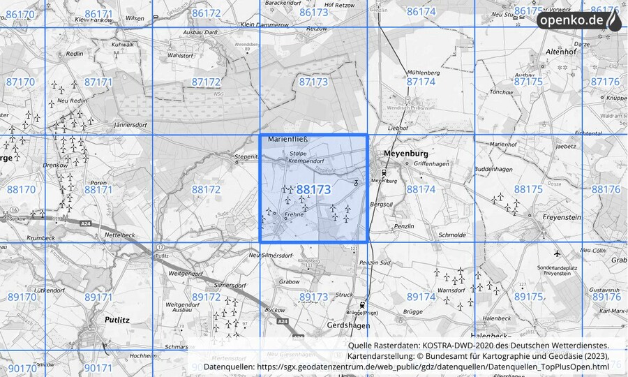 Übersichtskarte des KOSTRA-DWD-2020-Rasterfeldes Nr. 88173