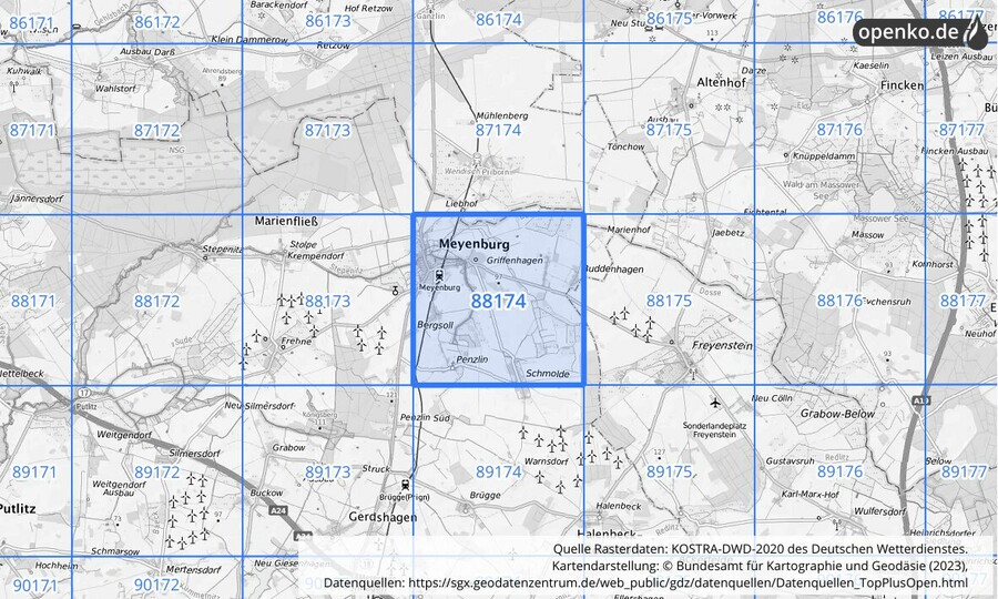 Übersichtskarte des KOSTRA-DWD-2020-Rasterfeldes Nr. 88174