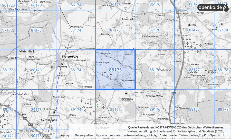 Übersichtskarte des KOSTRA-DWD-2020-Rasterfeldes Nr. 88175