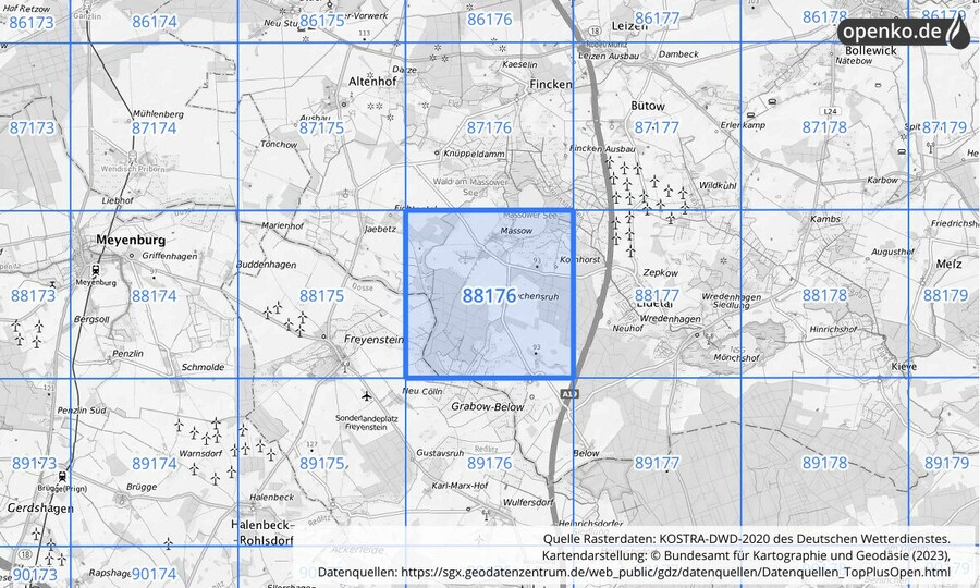 Übersichtskarte des KOSTRA-DWD-2020-Rasterfeldes Nr. 88176