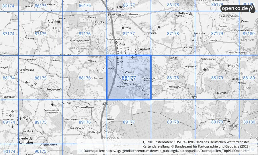 Übersichtskarte des KOSTRA-DWD-2020-Rasterfeldes Nr. 88177