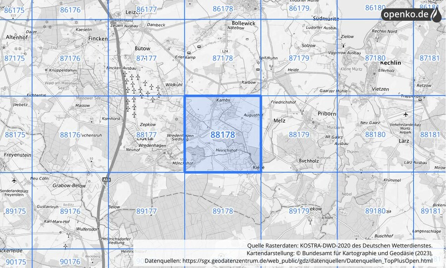 Übersichtskarte des KOSTRA-DWD-2020-Rasterfeldes Nr. 88178