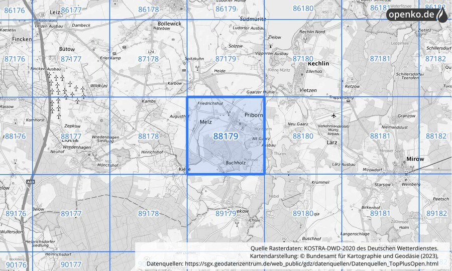 Übersichtskarte des KOSTRA-DWD-2020-Rasterfeldes Nr. 88179