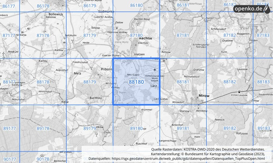 Übersichtskarte des KOSTRA-DWD-2020-Rasterfeldes Nr. 88180