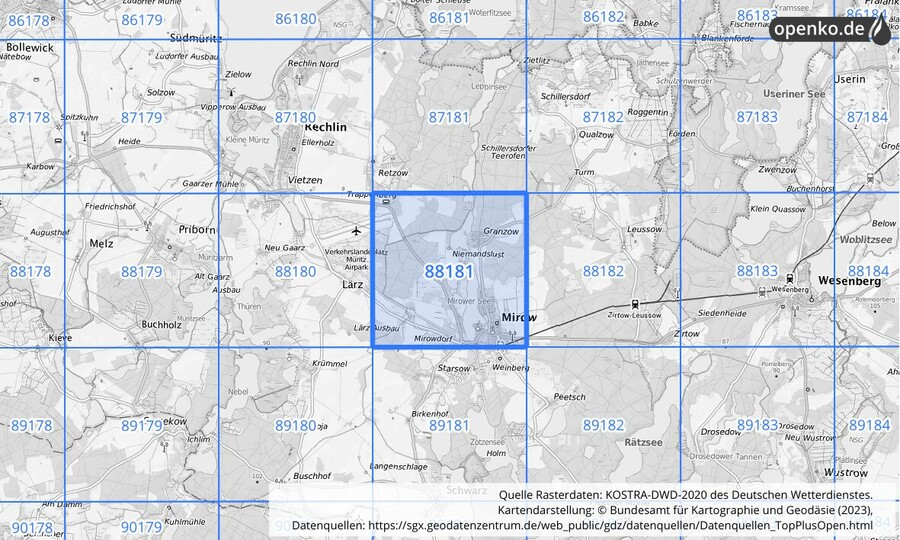 Übersichtskarte des KOSTRA-DWD-2020-Rasterfeldes Nr. 88181