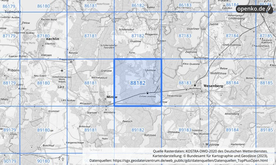 Übersichtskarte des KOSTRA-DWD-2020-Rasterfeldes Nr. 88182