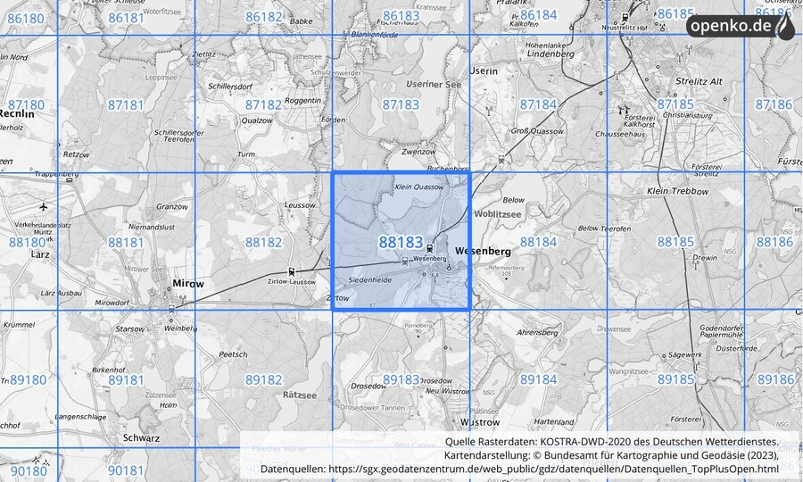 Übersichtskarte des KOSTRA-DWD-2020-Rasterfeldes Nr. 88183