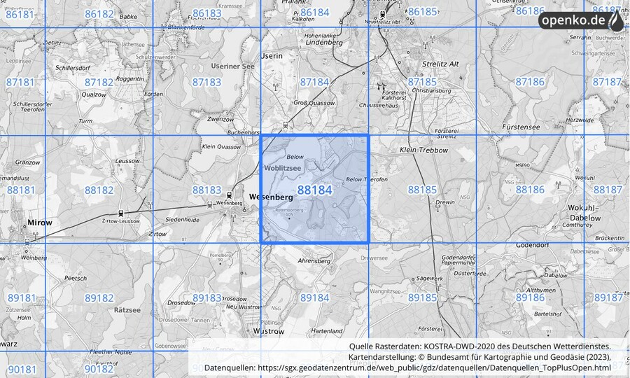 Übersichtskarte des KOSTRA-DWD-2020-Rasterfeldes Nr. 88184