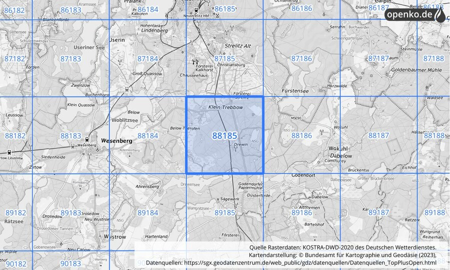 Übersichtskarte des KOSTRA-DWD-2020-Rasterfeldes Nr. 88185