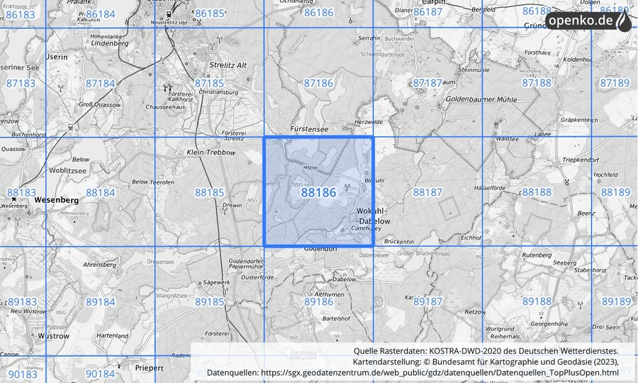 Übersichtskarte des KOSTRA-DWD-2020-Rasterfeldes Nr. 88186