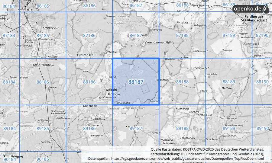 Übersichtskarte des KOSTRA-DWD-2020-Rasterfeldes Nr. 88187