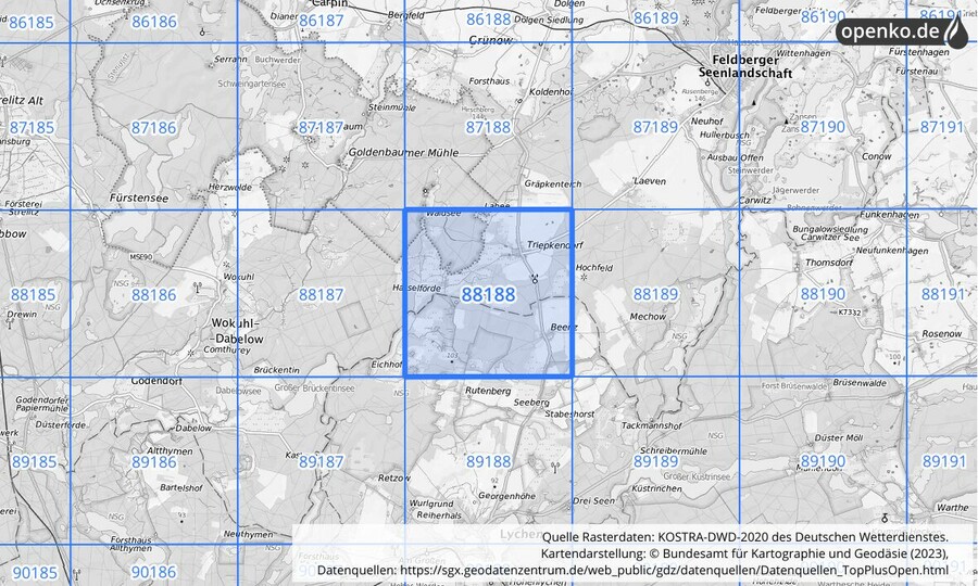 Übersichtskarte des KOSTRA-DWD-2020-Rasterfeldes Nr. 88188