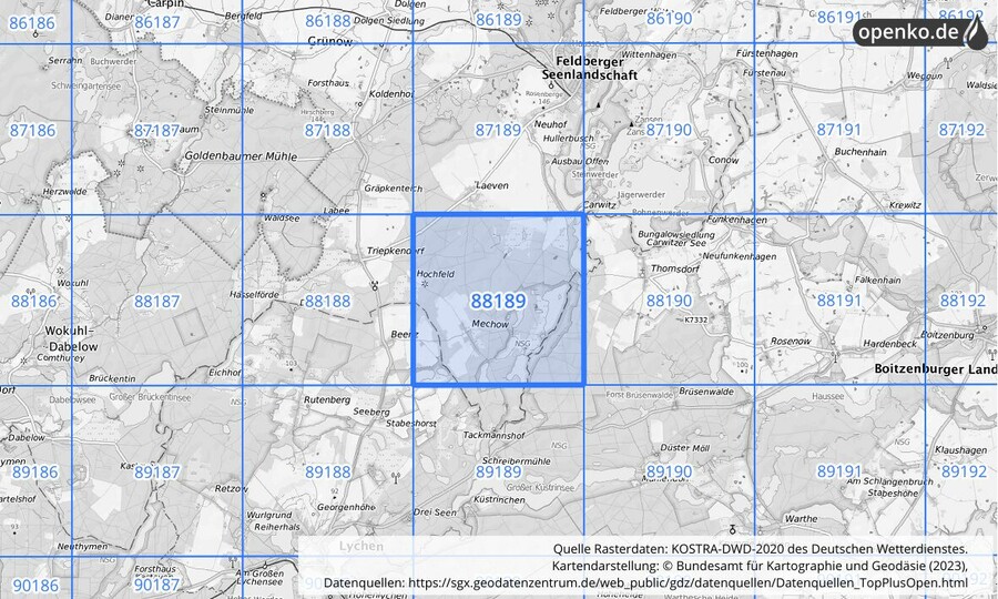 Übersichtskarte des KOSTRA-DWD-2020-Rasterfeldes Nr. 88189