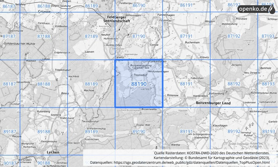 Übersichtskarte des KOSTRA-DWD-2020-Rasterfeldes Nr. 88190