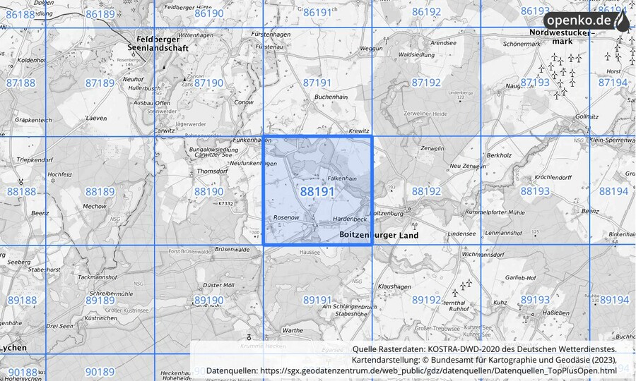 Übersichtskarte des KOSTRA-DWD-2020-Rasterfeldes Nr. 88191