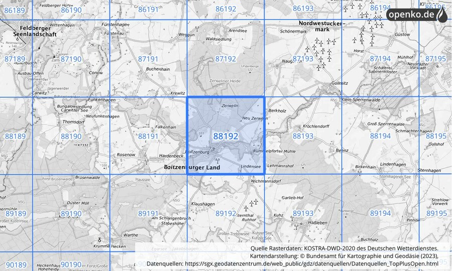 Übersichtskarte des KOSTRA-DWD-2020-Rasterfeldes Nr. 88192