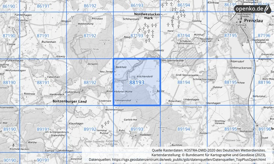 Übersichtskarte des KOSTRA-DWD-2020-Rasterfeldes Nr. 88193