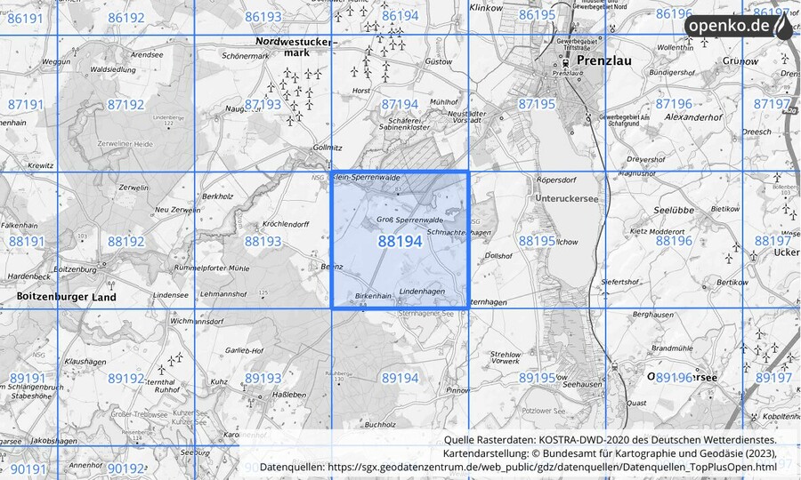 Übersichtskarte des KOSTRA-DWD-2020-Rasterfeldes Nr. 88194