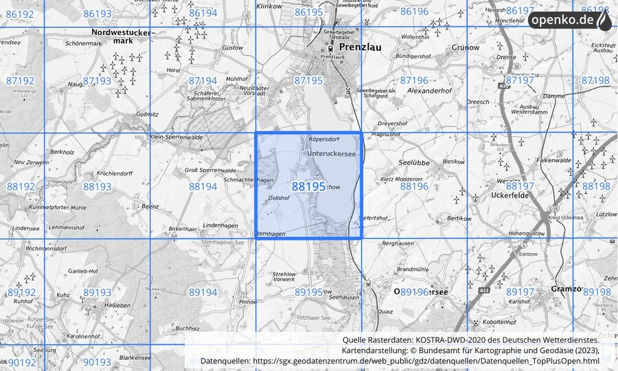 Übersichtskarte des KOSTRA-DWD-2020-Rasterfeldes Nr. 88195