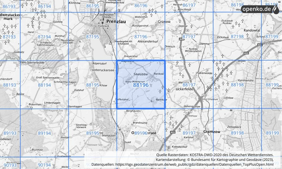 Übersichtskarte des KOSTRA-DWD-2020-Rasterfeldes Nr. 88196